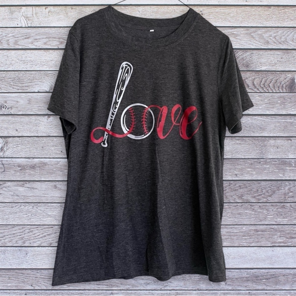Love Baseball Graphic Tee - Dark Heather Gray with Red & White medium